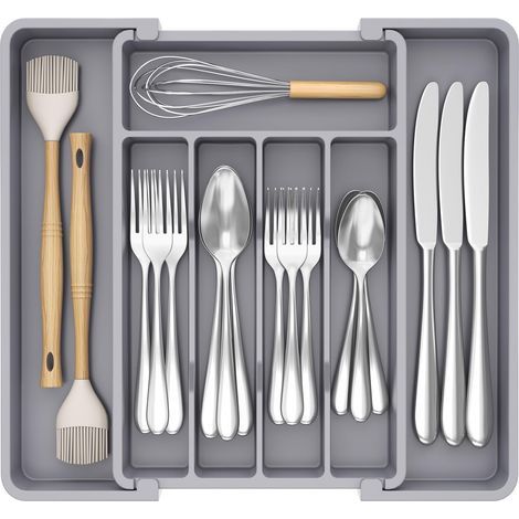 Besteckschubladen-Organizer, ausziehbarer Besteckkasten für Küchenbesteck, BPA-freies Besteck und Besteckhalter, grau (1/4)