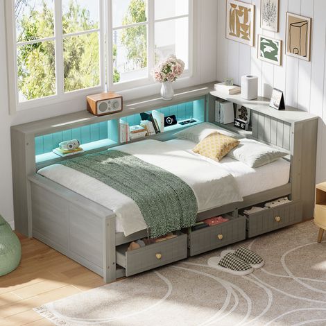 Lit de jardin en bois,90 x 200 cm,avec compartiments de rangement et 3 tiroirs,gris
