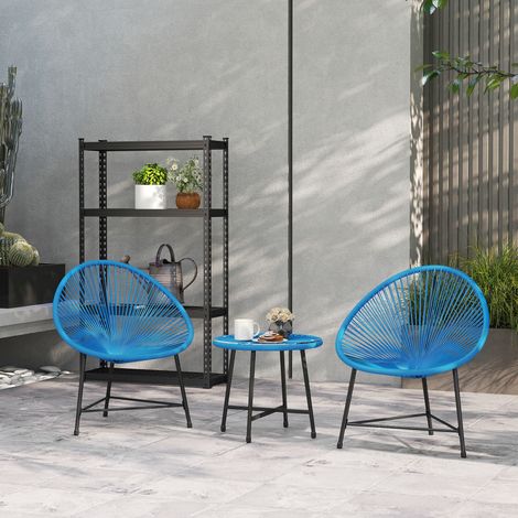Zweisitzige Gartenlounge aus Kunstharz mit Tischplatte aus gehärtetem Glas, für Balkon, Terrasse, Patio, blau