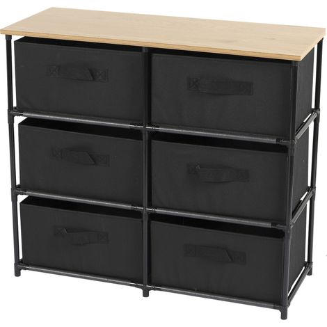 Commode 6 tiroirs tissu - Structure métal et plateau bois - Noir - Livraison gratuite