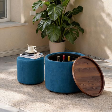 Lot de 2 poufs gigognes avec rangement et plateau en bois en lin (1/5)