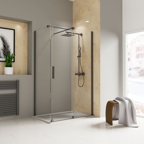 Schulte – Paroi de douche à l'italienne coulissante 100 x 200 cm – Verre 6 mm anticalcaire – Profilé noir – Walk In design industriel