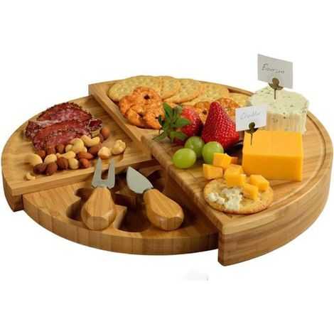 Planche à tapas, planche à fromage, planche à apéritifs, planche de charcuterie, planche à fromage compacte et pliable, avec accessoires et marqueurs à fromage, 33 cm de diamètre, comprend... (1/5)