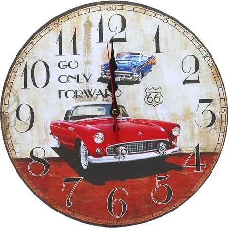 30cm Horloge Murale Rustique, silencieuse en Bois Cadran Horloge minuteur pour la Maison Salon Chambre Bureau Café Bar Decor (Voiture Rouge Vintage) (1/5)
