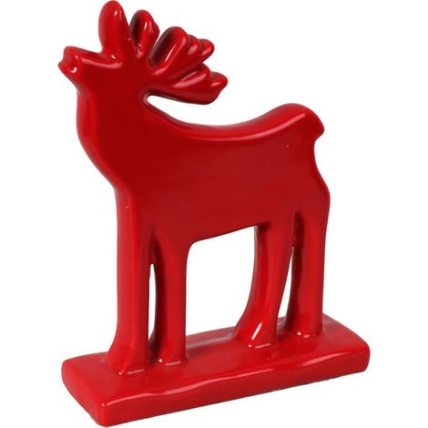 Figura navideña de reno de cerámica en color rojo. (1/2)