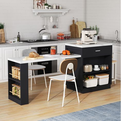 Isola da cucina 211x55x89.5 cm nera in MDF con tavolo estraibile, prese USB, armadietto, cassetti e ripiani (1/5)