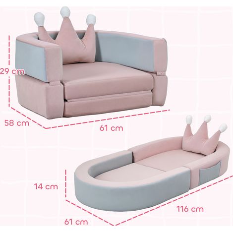 Kindersofa, umwandelbar in Bett und Spielbereich, mit Kronenkissen, 116 x 61 x 14 cm, Rosa und Graublau