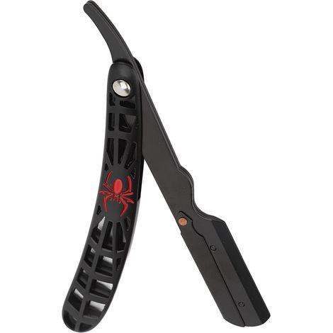 Porte-rasoir manuel pliant vintage pour homme, coiffure, manche gravé, manche ajouré unique, porte-rasoir pour le rasage et la coupe des cheveux, Red Spider. (1/5)
