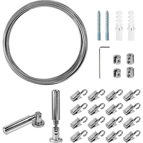 5M Curtain Cord Metal Cord Tension Curtain Rod with 24 Metal Clips Hooks Stainless Steel Tension Cord System (1/5)