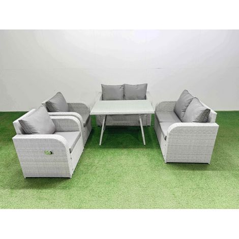 Fimous 6 Seater Rattan Garden Furniture Set Outdoor Love Sofa Set with Rectangular Dining Table Light Grey (1/4)