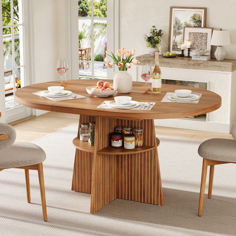 Tavolo da pranzo rotondo 110-150 cm in effetto noce, allungabile con ripiano integrato (1/5)