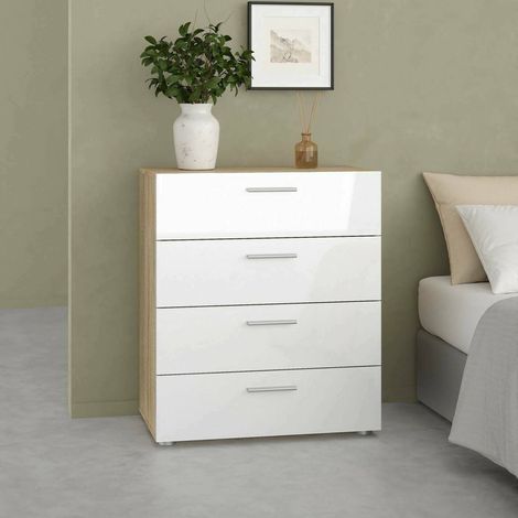 Dmora - Cassettiera Asam, Settimino multiuso, Comò camera da letto, Mobile con cassetti, 70x40 h82 cm, Quercia e Bianco lucido (1/5)