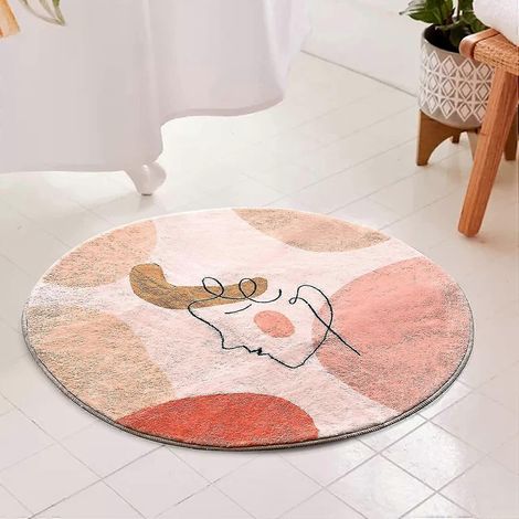 Tapis de bain rond rose mignon de 60 cm (2 pi) en fausse laine douce à poils longs avec envers en caoutchouc. Motif artistique abstrait moderne et esthétique. Antidérapant. (1/5)