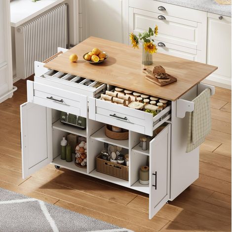 Isla de cocina 145 x 70 x 94,5 cm blanca con tablero extensible, 2 cajones y ruedas con freno (1/5)