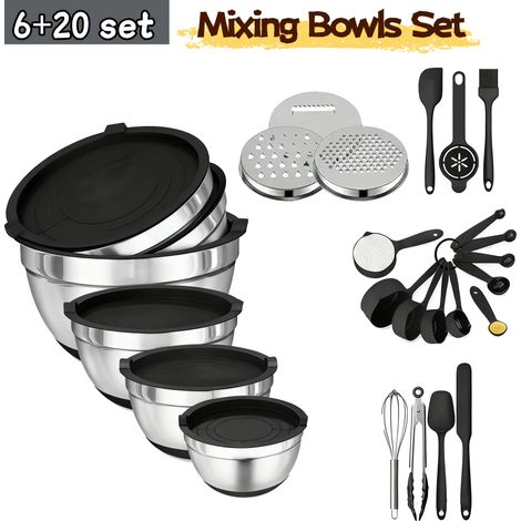 Lot de 26 Bols Mélangeurs Inox – Avec 3 Couteaux & 17 Outils Cuisine. Antidérapants, Anti-Rouille. Modèle (Noir 26 pcs) (1/4)