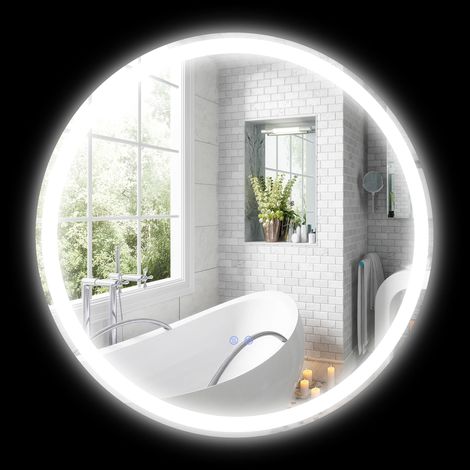 Miroir rond LED salle de bain 70cm mural 3 couleurs tactile 23W blanc argent