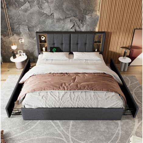 Cama tapizada 160x200 con carga USB y almacenaje gris OKMYHOME (1/5)