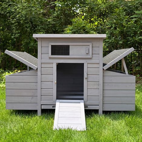 Gallinero de madera con doble ventilación, puertas de seguridad y 2 cajones laterales integrados - gris claro