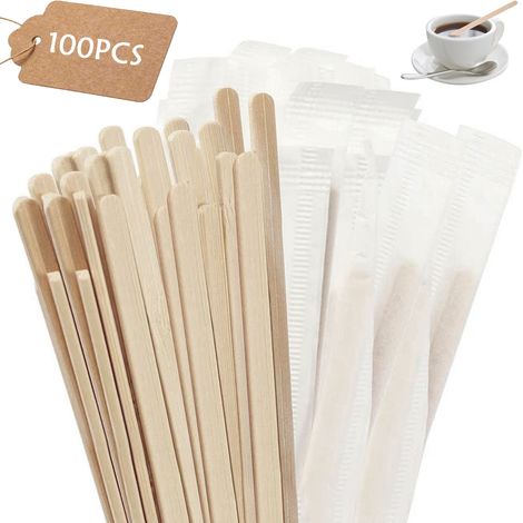 Cuillère À Café En Bois - 100 Pièces - 14 cm - Emballage Individuel En Papier - Pour Café Thé Jus Chocolat Glace - Usage Domestique Et Professionnel