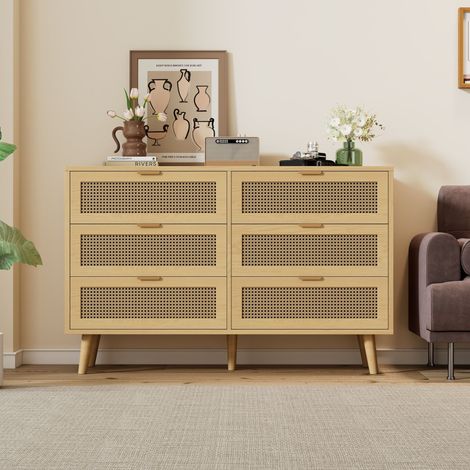 Commode à 6 tiroirs, buffet, meuble à tiroirs en bois, commode avec poignées métalliques, pour chambre, séjour, bureau, buffet haut avec grand espace de rangement, dimensions: L120/H76.5/P40 cm (1/5)