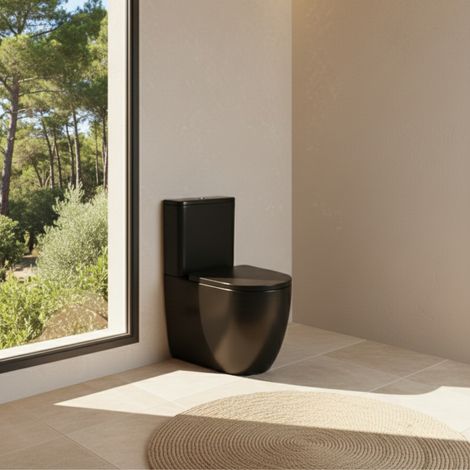 SOULHOME Pack Inodoro Completo Rimless Curvo Negro Mate Tapa Amortiguada Salida Horizontal/Vertical Doble Descarga Eco Pulsador Cromo