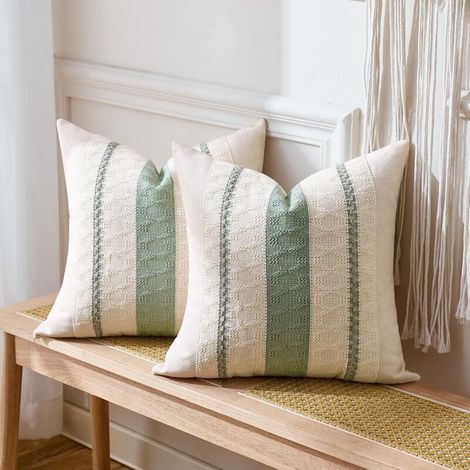 Housse Coussin 40x40 Vert Sauge Bohème Texturée à Rayures Tissées Décoratives Moderne Boho Housse de pour Maison Salon Chambre Décoration Lot de 2