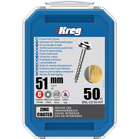 50 Vis à trous de poche 51 mm Revêtu de Zinc Maxi-Loc, Filetage épai - KREG - SML-C2-50