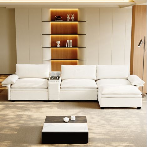 Canapé d’angle modulaire 4 places en chenille beige/blanc 315 cm avec ottoman, rangement, charge sans fil et haut-parleurs (1/5)