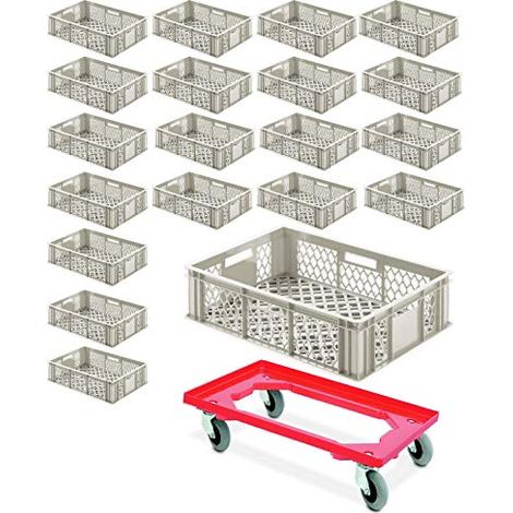 BRB 20x Eurobehälter durchbrochen 600x400x170 mm, 32 Liter, kieselgrau PLUS Transportroller mit Flüsterrollen