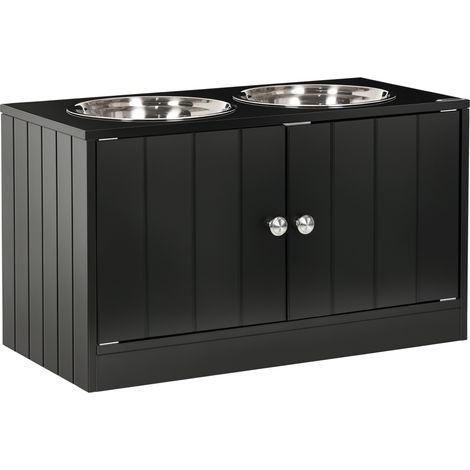Station d'alimentation surélevée équipé de 2 gamelles en acier inoxydable et un espace de rangement de 44 L, noire, pour grands chiens, portes magnétiques (1/5)