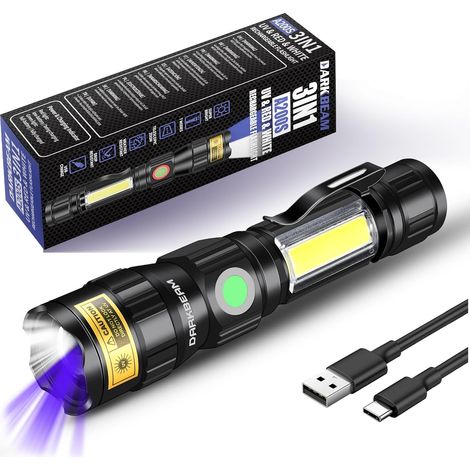 Lampe Torches UV 365nm USB Rechargeable Lampe de Poche LED 3 en 1, Lampe de Wood Ultraviolet, Détecteur d'urine Fluorescence/Faux Billet, UV Resine Lumière Noire 365 nm, base magnétique (1/5)