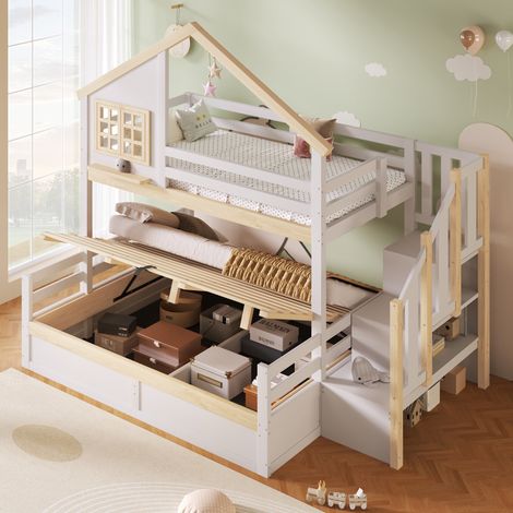 Cama litera casita 90x200/140x200 cm en pino blanco+natural con barandilla, ventana decorativa y arcón hidráulico