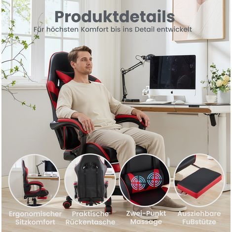 Fauteuil Gaming Rotatif 360°, Siège de Bureau Ergonomique Sport en Cuir, Hauteur Réglable avec Repose-Pieds, Appui-Tête et Soutien Lombaire, pour Travail et Jeux Vidéo – Rouge & Noir