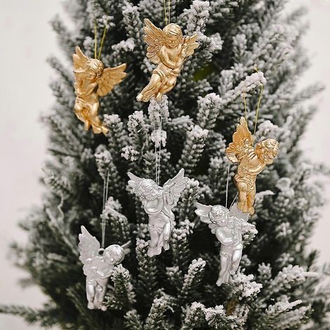 12 décorations dorées, ornements et pendentifs pour sapin, petit ange de Noël argenté créatif pour la décoration intérieure (1/4)