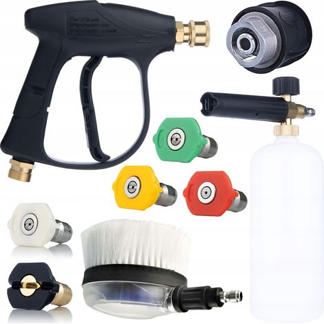 Set Accessori per Idropulitrice – Pistola 300 Bar, Lancia Schiuma 1L, 5 Ugelli QC, Spazzola Rotante, Adattatore Lavor  Compatibile con Lavor, Karcher HD