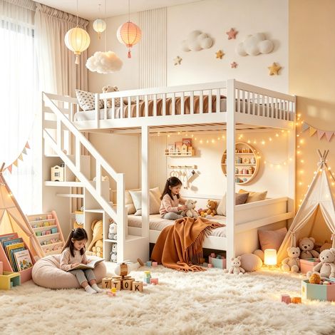 FOERPL-Lit Superposé Enfant 140x200 cm,Lit Mezzanine 2 Place avec Escalier de Rangement, Cadre de Lit Superposés 140x200 avec Sommier à Lattes et Barrière de Sécurité, Protection Anti-Chute