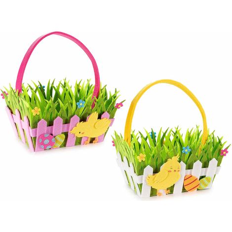 Cestini pasquali in panno a staccionata con pulcino, erba e uova, set da 4 pezzi, cm 24x17x14 H (con manico26)