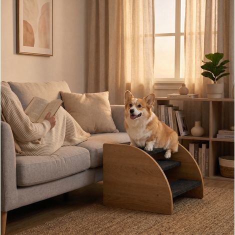 CHICFURN Escalera para gatos y perros 42 x 39 x 30 cm en poliéster gris, antideslizante (1/5)