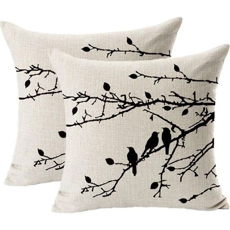 Set aus 2 Vintage-Kissenbezügen mit Muschel- und Vogelzweigmuster, schwarz, 45 x 45 cm (1/4)