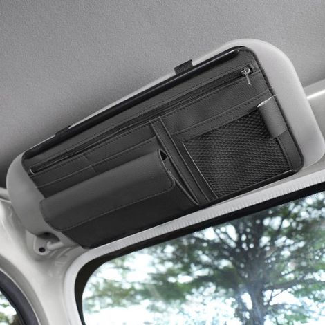 Organizador para parasol de coche，tarjetero de cuero，soporte para gafas，apto para la mayoría de coches，SUV y camiones (negro) (1/5)