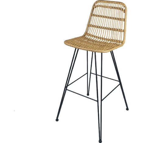 Barhocker im Naturstil mit Rattanoptik aus geflochtenem Harz und schwarzen Metallbeinen - Höhe 63cm (1/3)