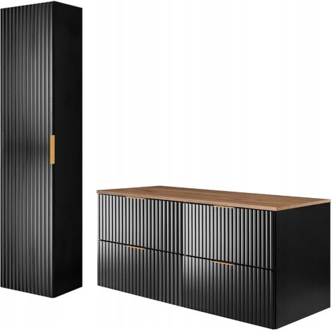 Rodan Badmöbel Set Schwarz Matt und Eiche Craft, Waschbeckenunterschrank 46 x 120 x 57 cm und Hochschrank 35 x 136 x 27 cm, Soft-Close