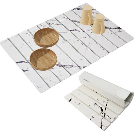 Tapis de Séchage en Pierre de Diatomée 60x40cm,Absorbant Instantané, Pliable et Anti-Dérapant pour Cuisine & Salle de Bain (Blanc) (1/2)