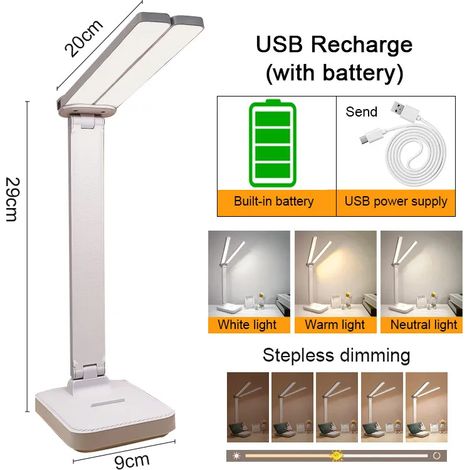 Lampe de bureau LED rechargeable (blanche), lampe de bureau rechargeable par USB, intensité lumineuse réglable sur 3 niveaux, écran tactile, respectueuse des yeux (1/5)