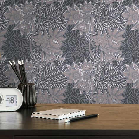 Papier peint floral gris foncé et clair Tapisserie à fleurs style botanique Papier peint intissé baroque idéal pour cuisine (1/5)