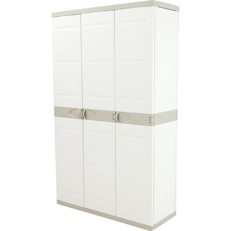 Pegane – Armoire de jardin en résine beige 3 portes – Dimensions 105 x 44 x 176 cm – 4 étagères réglables – Espace balai jusqu'à 20 kg