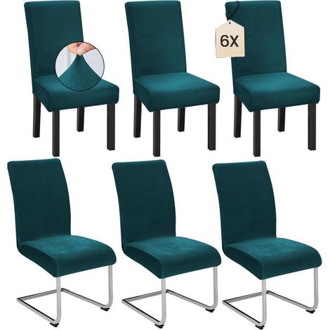 Lot de 6 housses de chaise en velours stretch pour chaises à dossier haut, lavables, vert français (1/5)