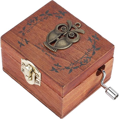 Boîte à musique mécanique à manivelle en bois, cadeau d'anniversaire artisanal classique (Hibou)
