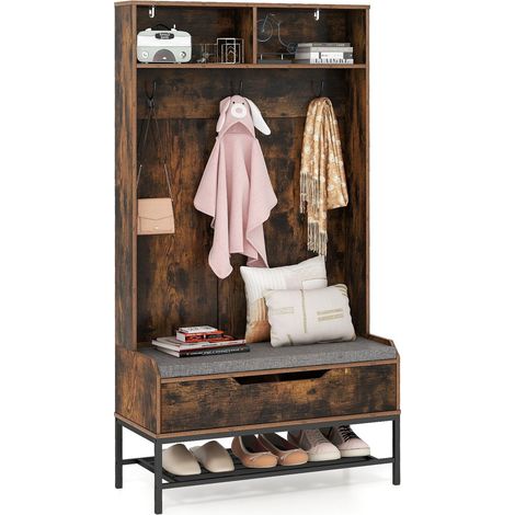 COSTWAY 170cm Tall Hall Tree 4-in-1 Coat Rack Freestanding Entryway Bench (1/5)
