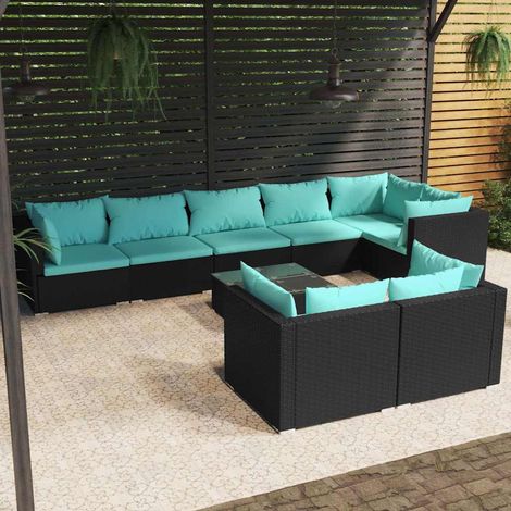 Salon de jardin 9 pcs Ensemble Table et Chaise de Jardin - avec coussins Noir Résine tressée BV241599 - BonneVie (1/5)